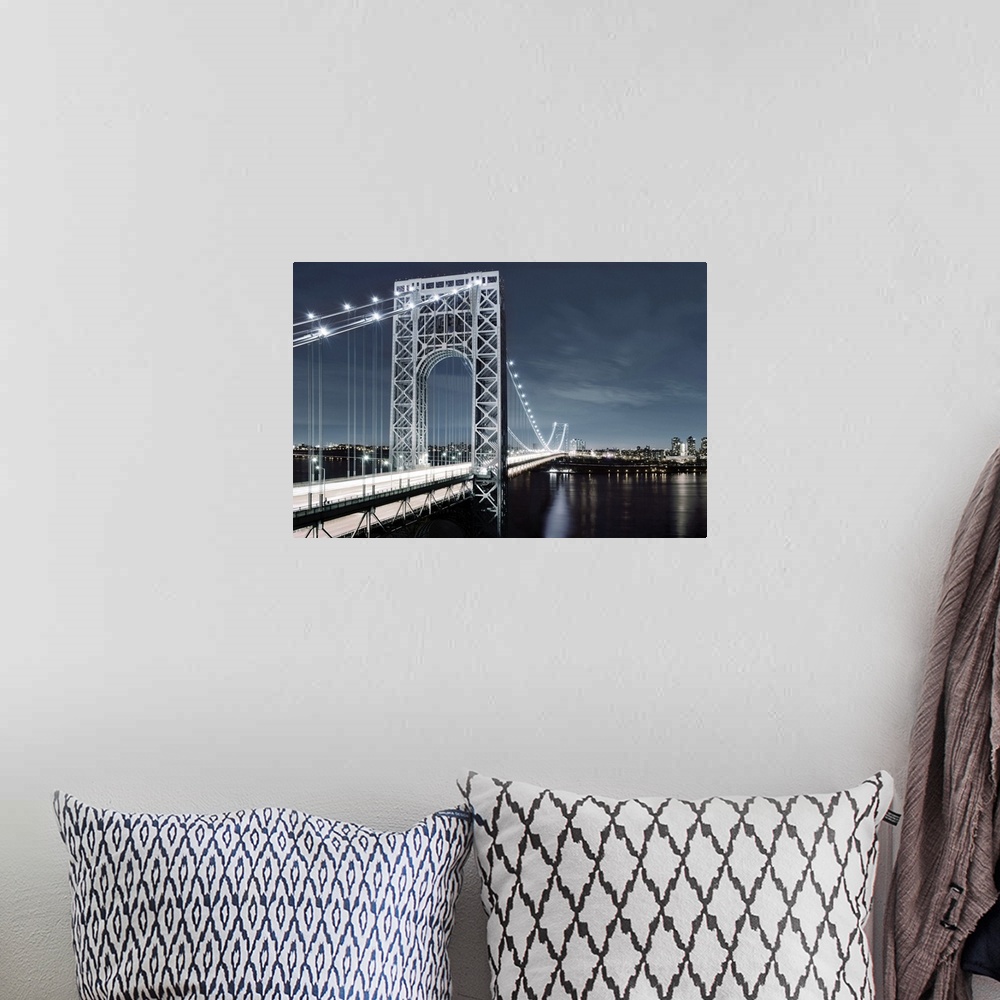 A bohemian room featuring Photograph of the Manhattan Bridge lit up at dusk with the New York City skyline in the distance.
