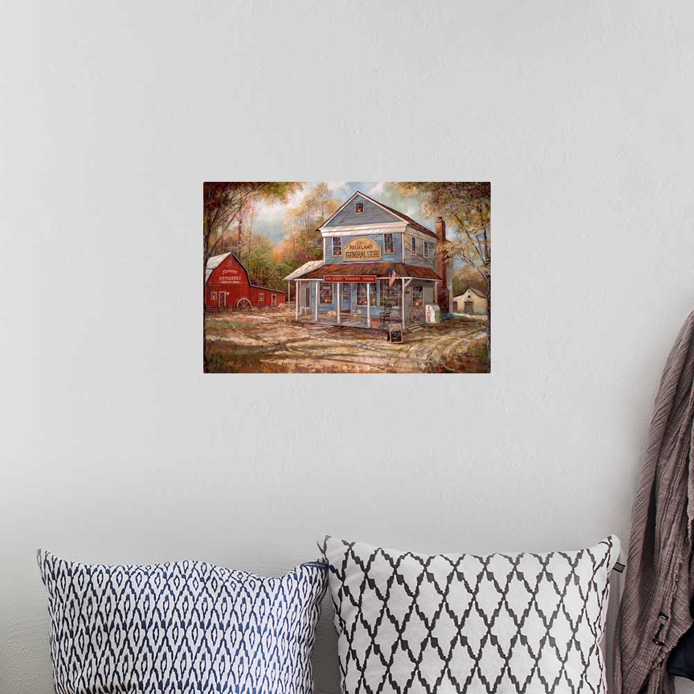 A bohemian room featuring Contemporary painting of a countryside General Store and a Cider Mill in Autumn.