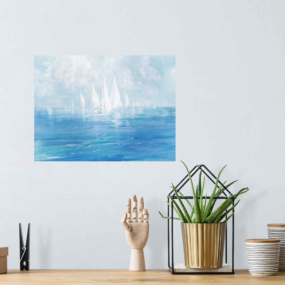 A bohemian room featuring Distinguishable brush strokes of various blues and whites create this serene painting of sailboat...
