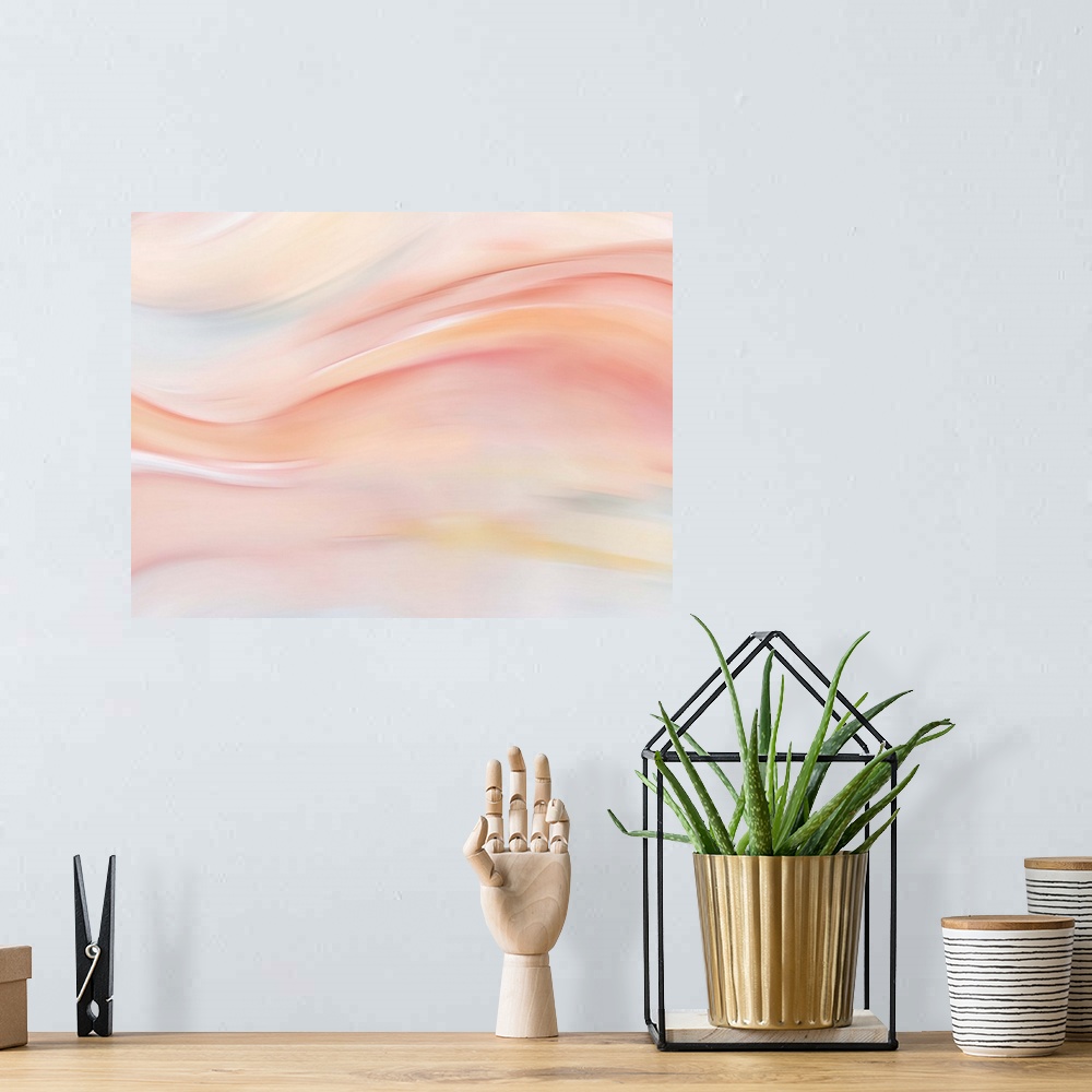 A bohemian room featuring Large abstract painting with pastel hues and flowing movement from left to right across the canvas.