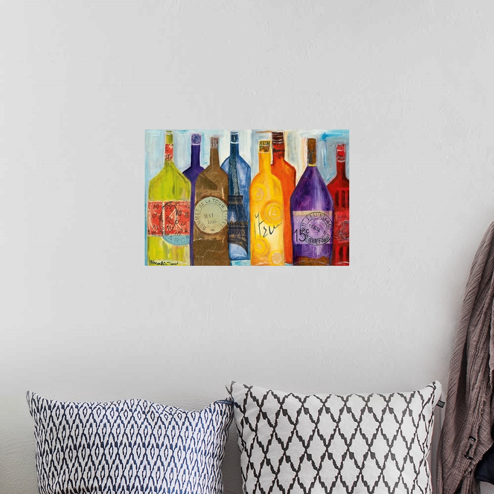 A bohemian room featuring Horizontal painting of colorful wine bottles all sitting around each other with various stamps.