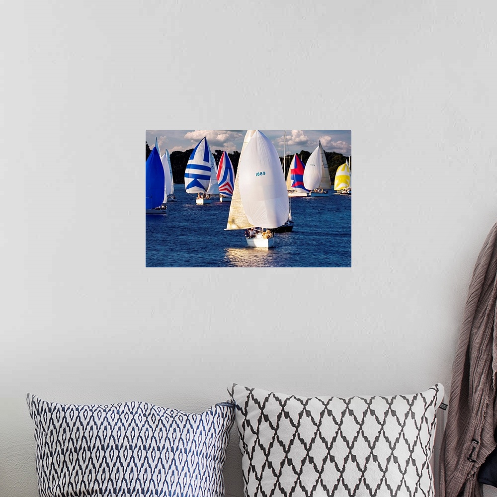 A bohemian room featuring A mass of sailboats sail together over calm water on a cloudy day.