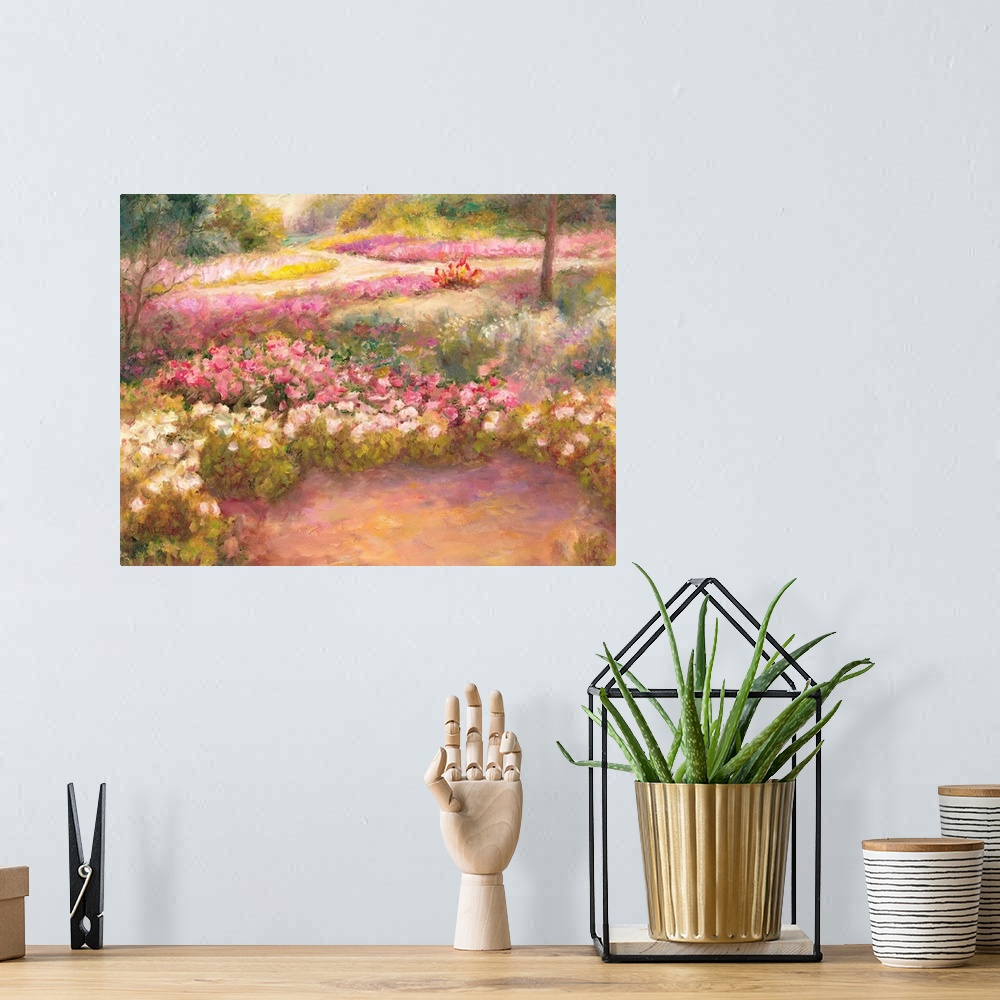 A bohemian room featuring Contemporary artwork of a path in a garden surrounded by flowers.