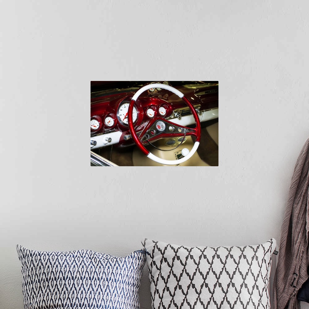 A bohemian room featuring Fine art photograph of the retro steering wheel and dashboard of a vintage car.