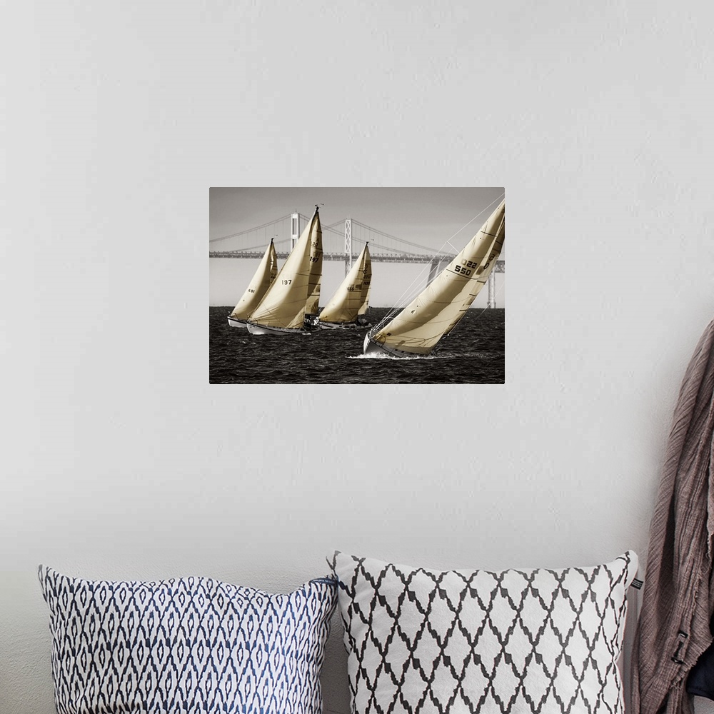 A bohemian room featuring A group of sailboats on the water in Chesapeake Bay near a bridge.