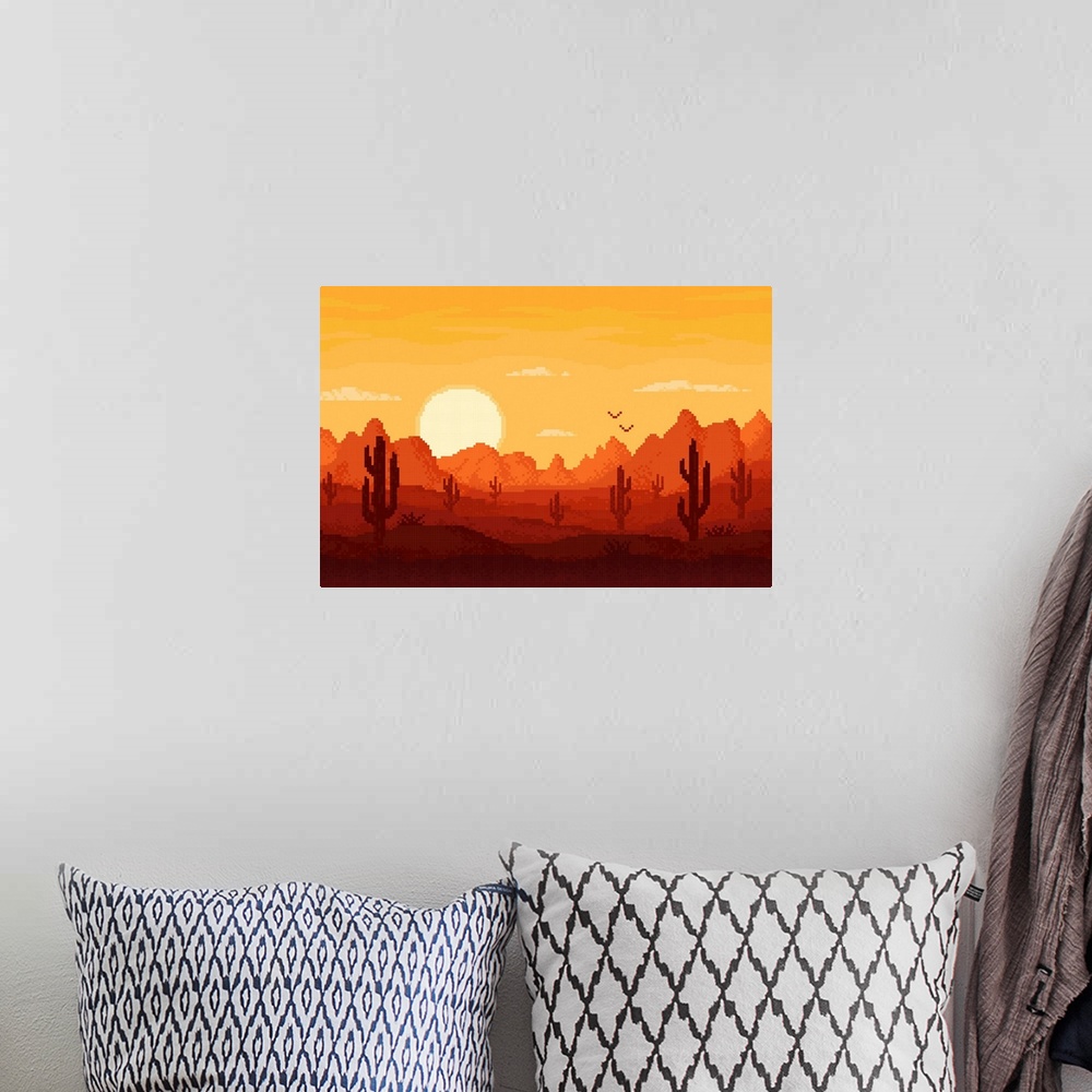 A bohemian room featuring 8-Bit Pixel Desert Landscape With Mountains And Sunset