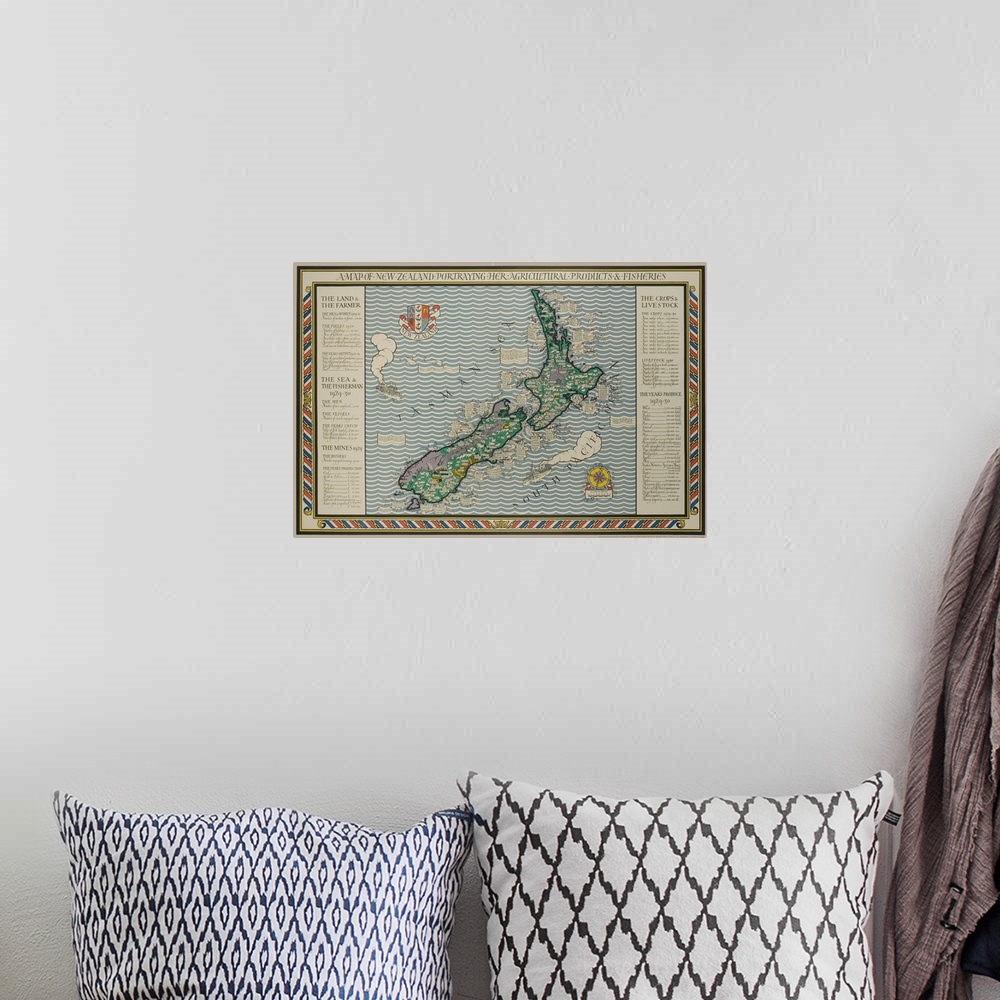 A bohemian room featuring A Map Of New Zealand Portraying Her Agricultural Products And Fisheries
