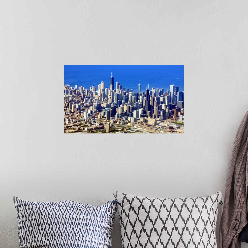 A bohemian room featuring Aerial view of Chicago Downtown with Lake Michigan in background.