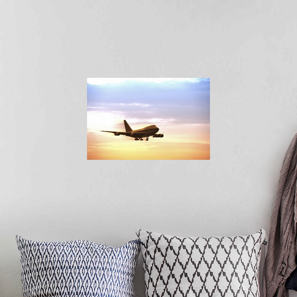 A bohemian room featuring Airplane in flight at dusk