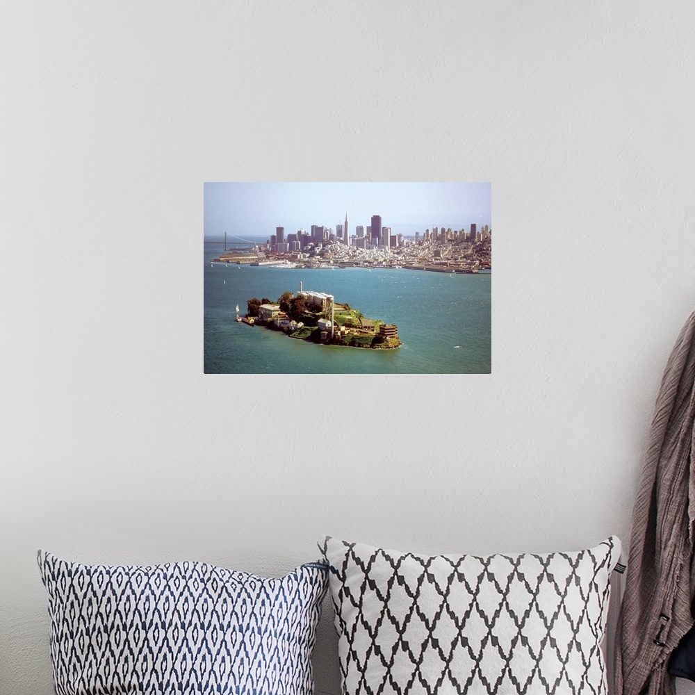 A bohemian room featuring Alcatraz Island and the San Francisco Bay and skyline of San Francisco, California, USA