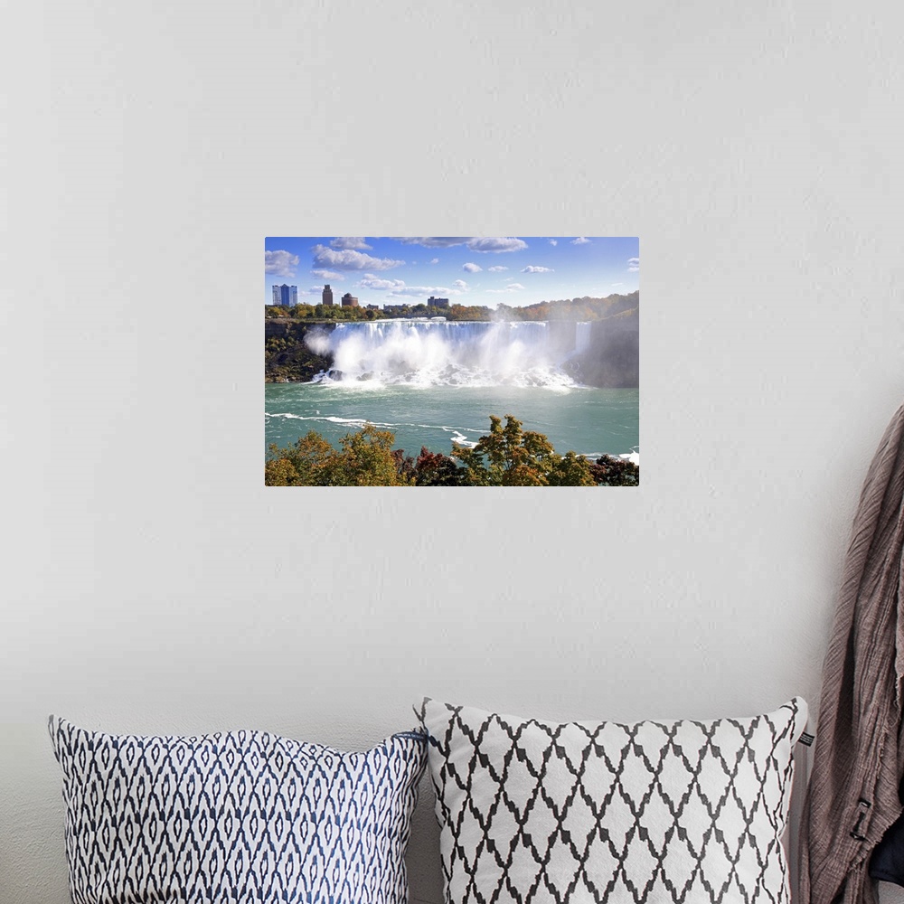 A bohemian room featuring American Falls at Niagara Falls. View south to Buffalo and the USA from Canada.