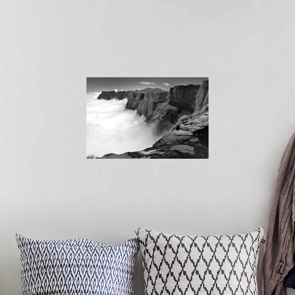 A bohemian room featuring High angle view black and white view of Amphitheatre range with Tugela Falls in foreground, Drake...
