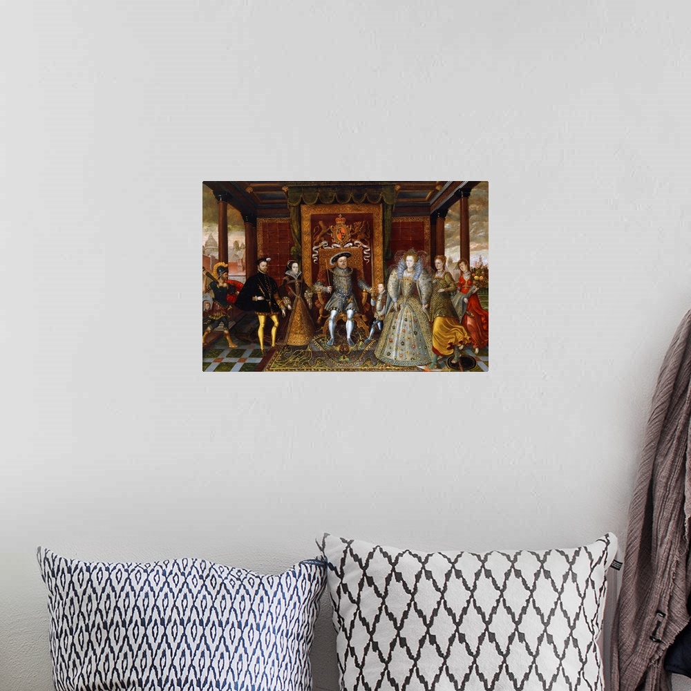 A bohemian room featuring Unknown, An Allegory of the Tudor Succession: The Family of Henry VIII, c. 1590, oil on panel, 11...