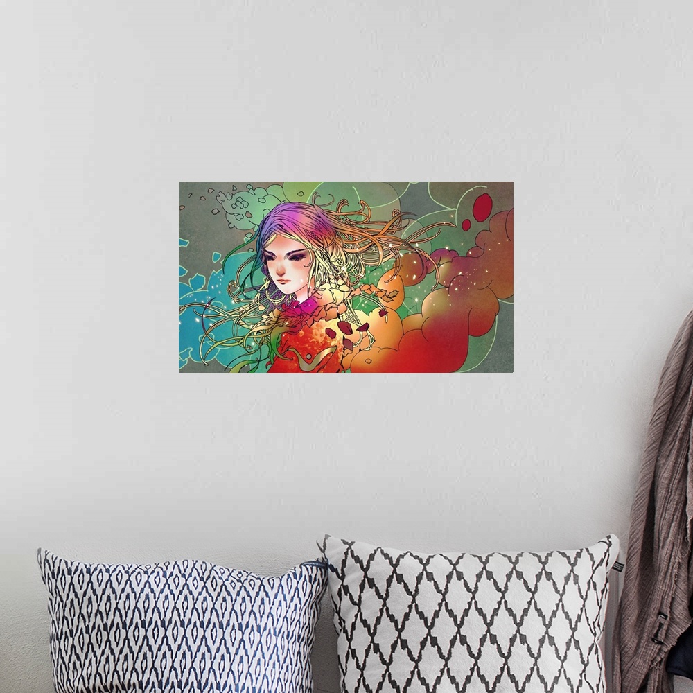 A bohemian room featuring Anime portrait of a beautiful girl in colorful smoke.