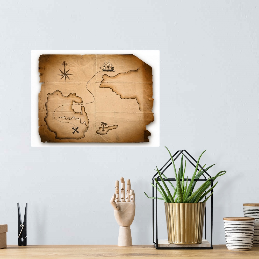 A bohemian room featuring Close up of antique world map with ship route