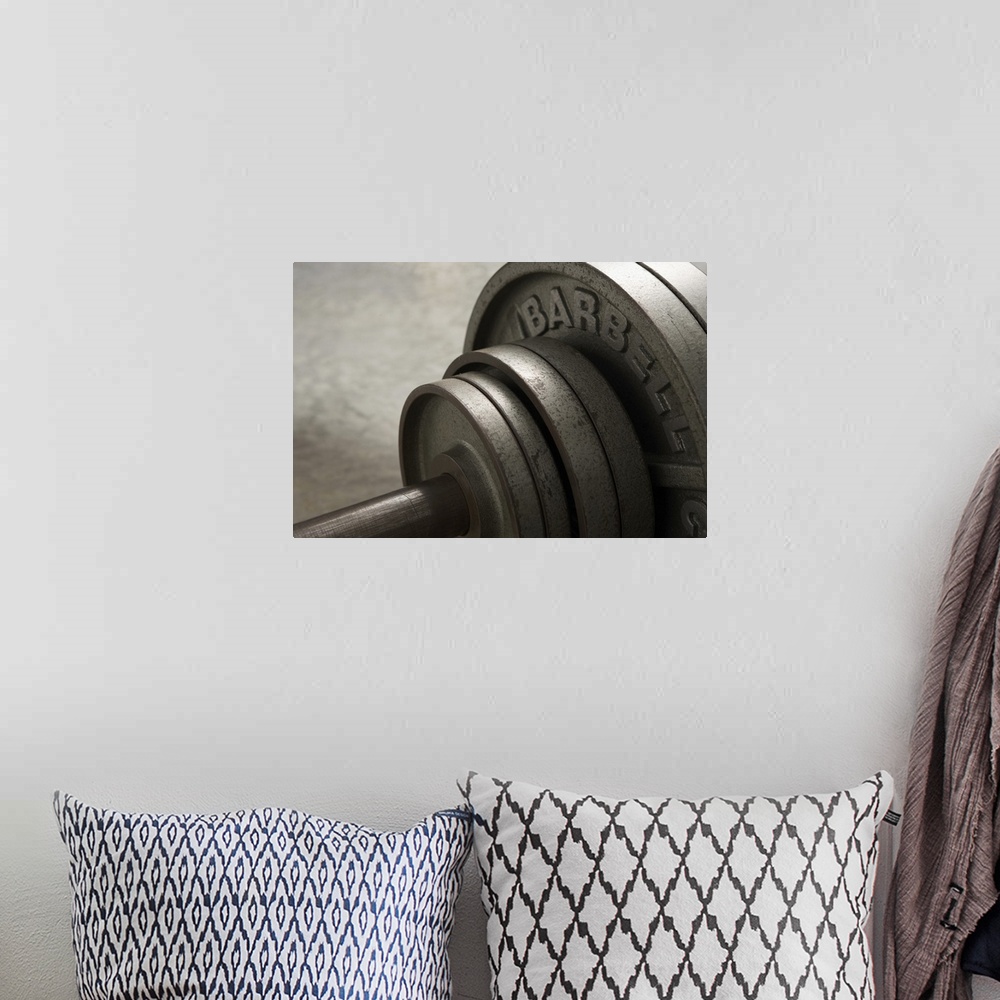 A bohemian room featuring Barbell, close-up of weights, elevated view