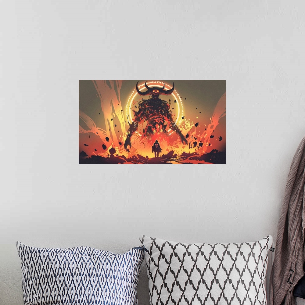 A bohemian room featuring Digital illustration of a knight with a sword facing the lava demon in hell.