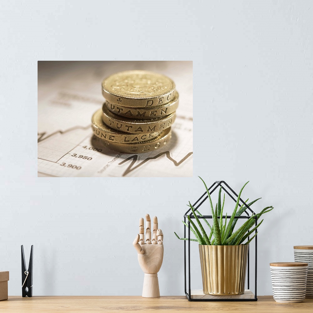 A bohemian room featuring British Currency: Stacked pound coins on financial graphs, close-up