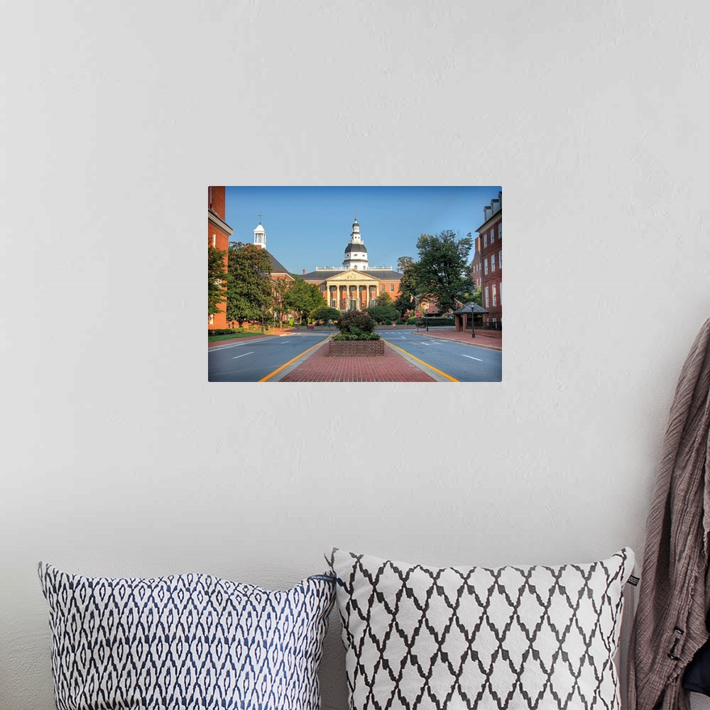 A bohemian room featuring Maryland state house with dome and government buildings in downtown historic Annapolis.