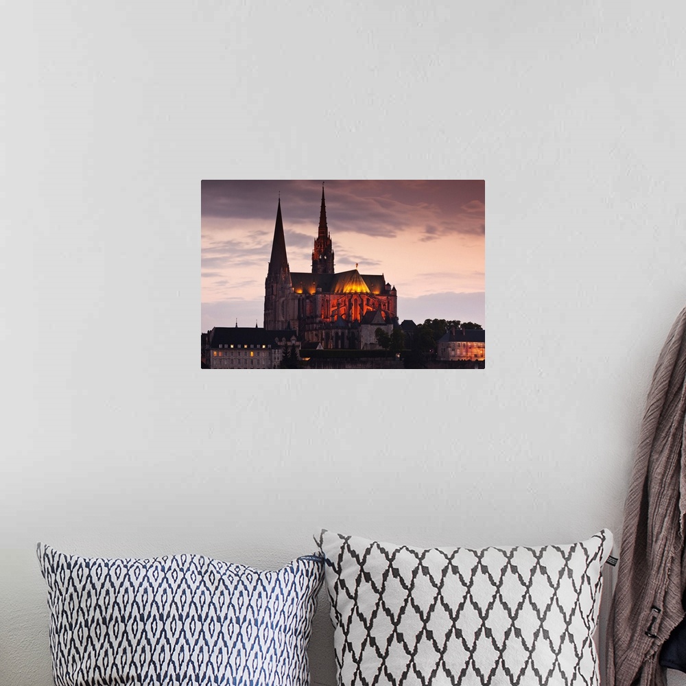 A bohemian room featuring France, Centre Region, Eure et Loir Department, Chartres, Chartres Cathedral, elevated view, dusk