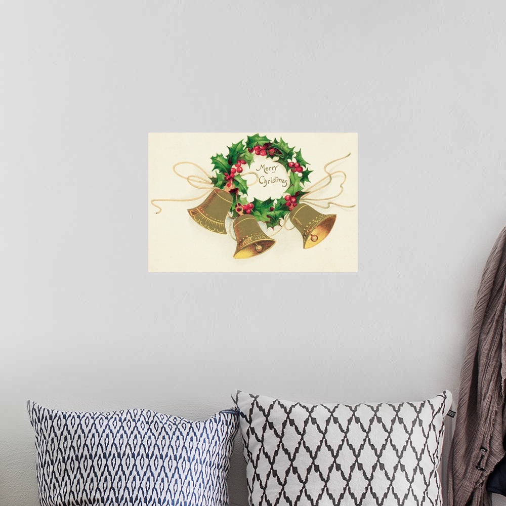 A bohemian room featuring Christmas postcard: A trio of bells hang from a wreath of holly surrounding a caption reading Mer...