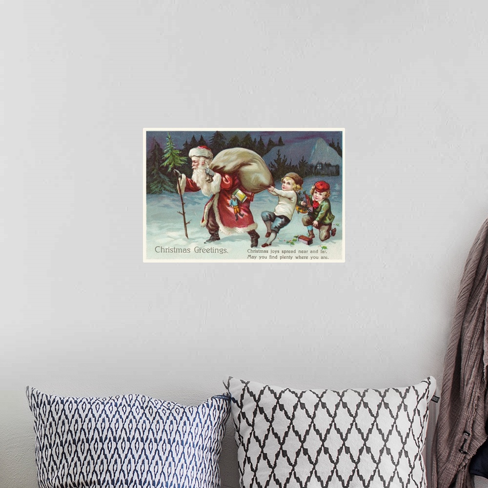 A bohemian room featuring Christmas Greetings Postcard With Santa Claus And Two Children