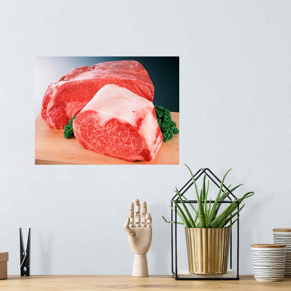 A bohemian room featuring Chuck of beef on a wooden cutting board