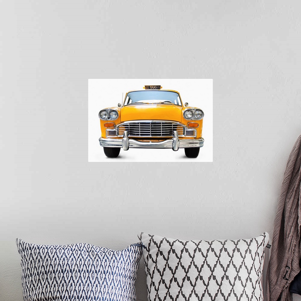 A bohemian room featuring Classic yellow cab on white background