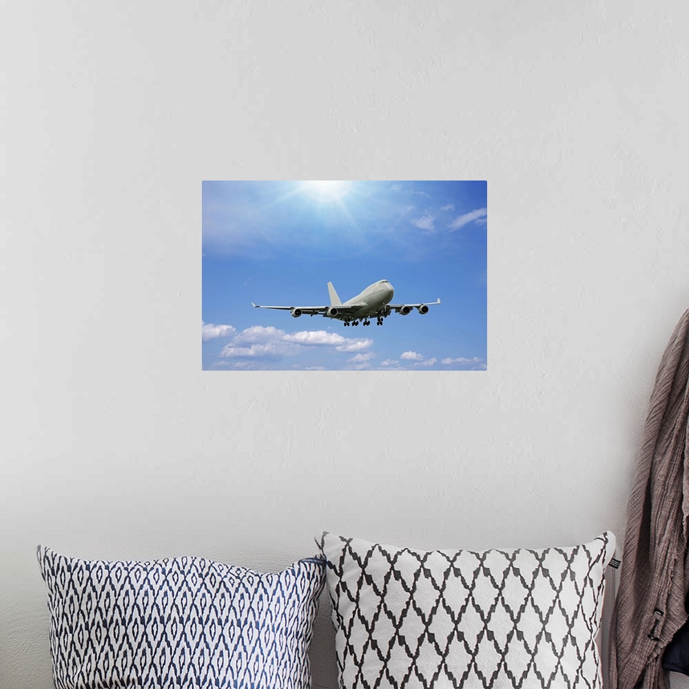 A bohemian room featuring Commercial airplane in flight