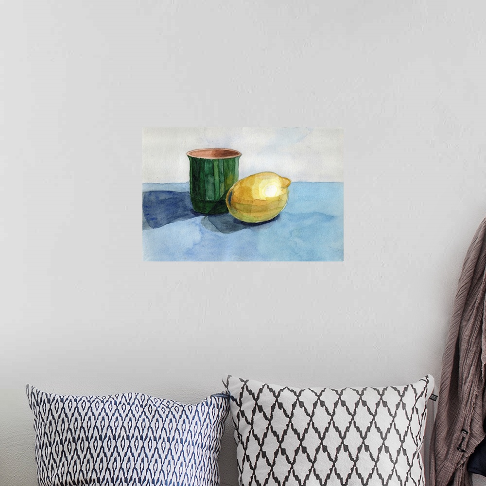 A bohemian room featuring Watercolor cubism still life with glazed green ceramic jug and lemon fruit and blue tablecloth on...