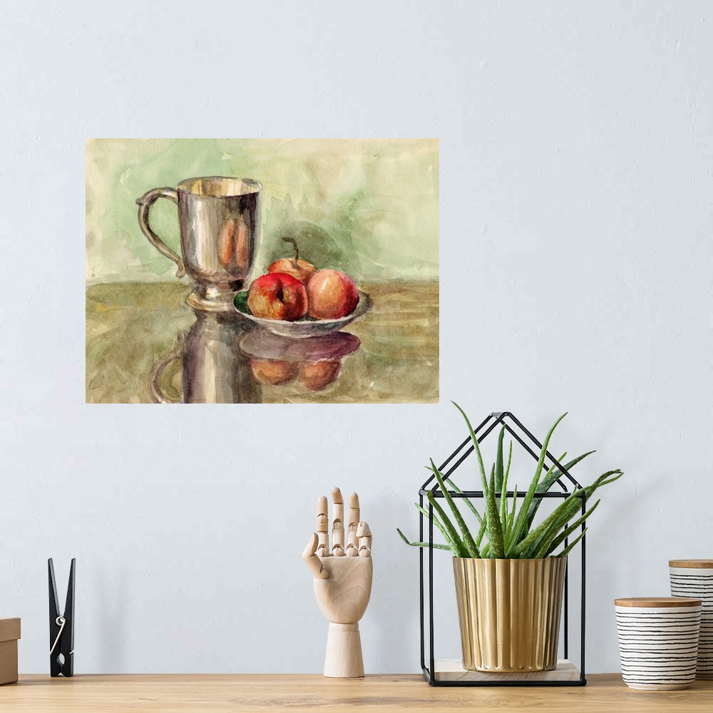 A bohemian room featuring Watercolor vintage still life painting with cupronickel and silver goblet bowl and vase with red ...