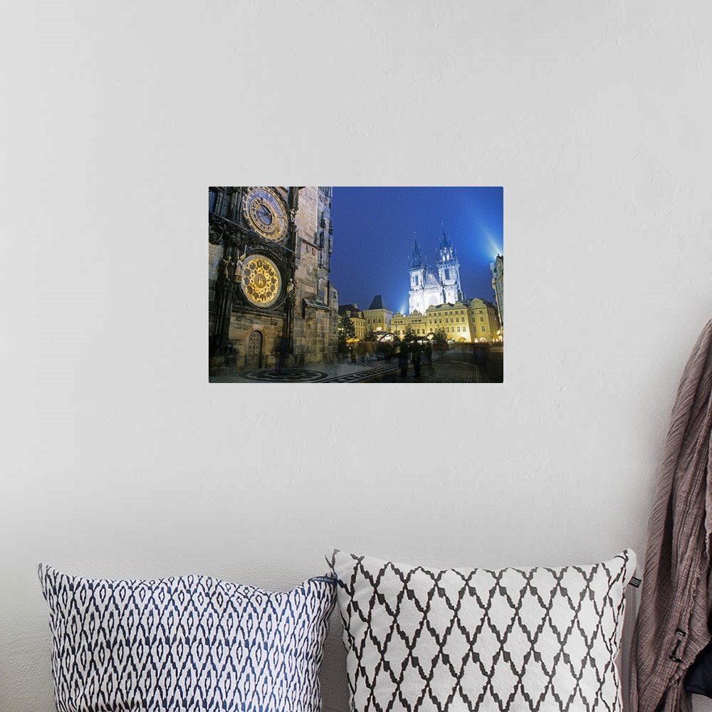 A bohemian room featuring Czech Republic, Prague, Old town square and church of Our Lady and Town Hall Horologe at night