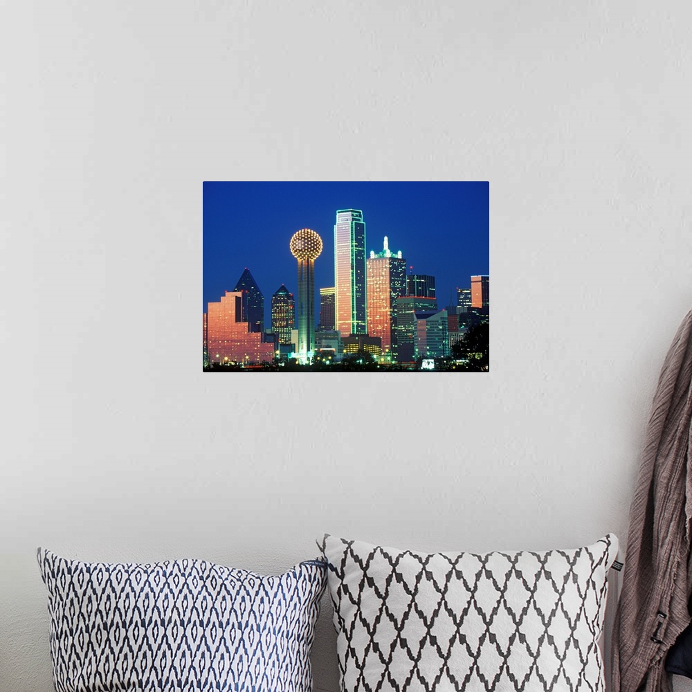 A bohemian room featuring 'Dallas, TX skyline at night with Reunion Tower'