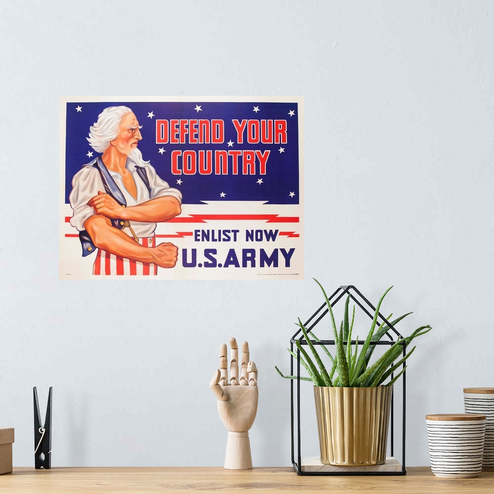 A bohemian room featuring 1940 World War Two US Army recruiting poster with muscle flexing Uncle Sam.