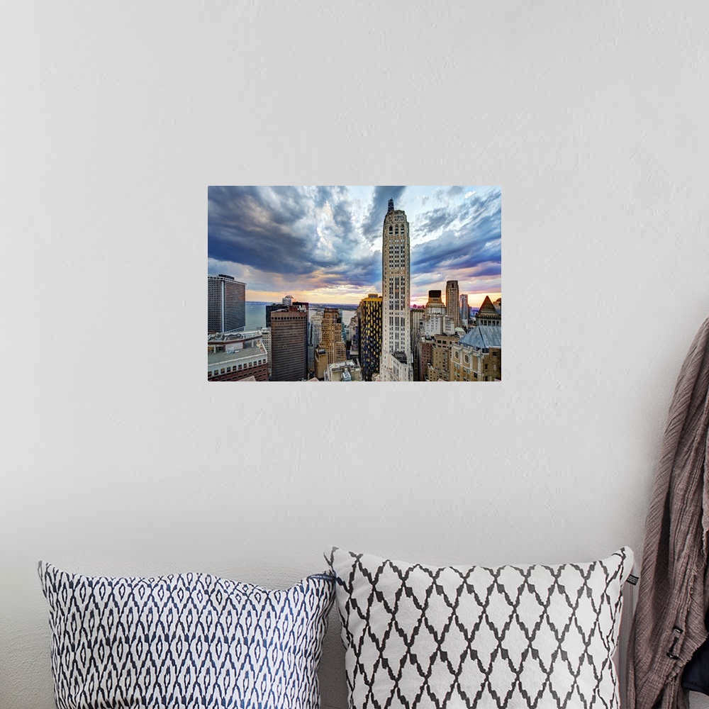 A bohemian room featuring Taken from 75 Wall St looking south at New York harbor, Downtown/lower manhattan skyline, Goldman...