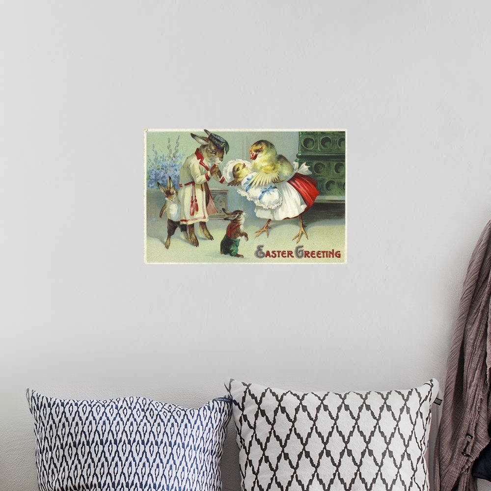 A bohemian room featuring Easter Greeting Postcard Depicting A Rabbit And Chick Family