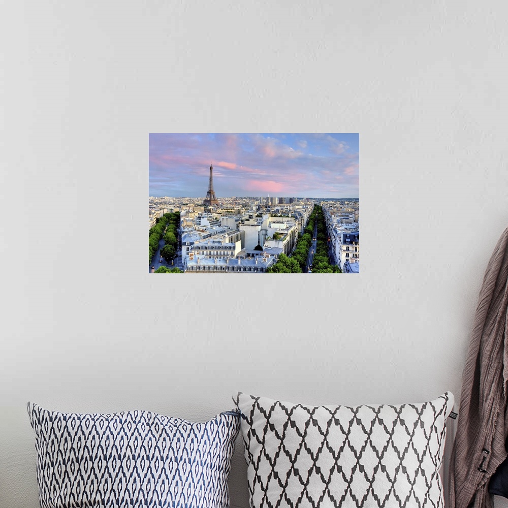 A bohemian room featuring Eiffel Tower at sunset, from Arc de Triomphe.