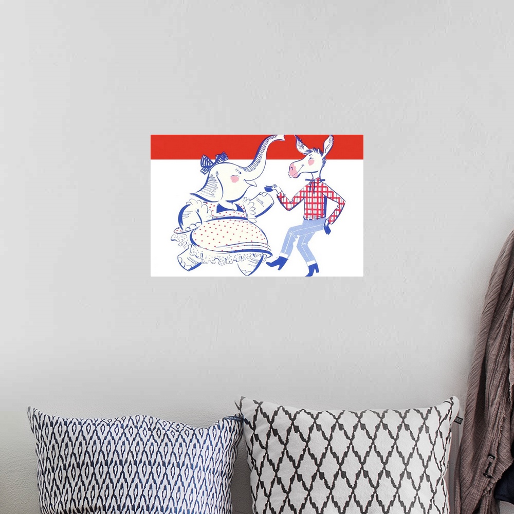 A bohemian room featuring Elephant Dancing With Donkey Political Poster