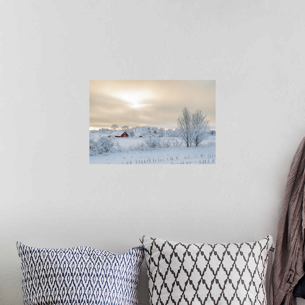 A bohemian room featuring Farm In A Rural Winter Landscape With Snow And Frost