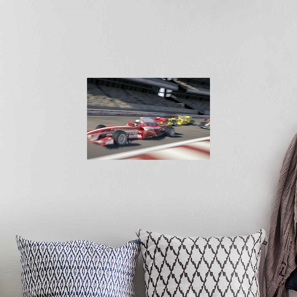 A bohemian room featuring Formula one racing cars speeding down the straight in the track in front of a stadium filled with...
