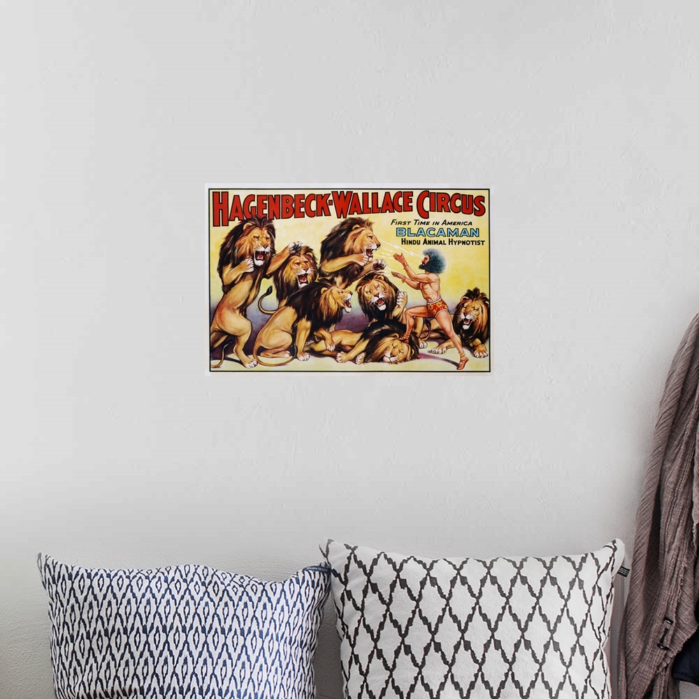 A bohemian room featuring Hagenbeck-Wallace Circus Poster with Hindu Animal Hypnotist