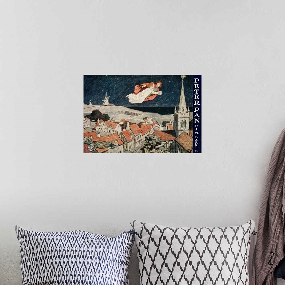 A bohemian room featuring Illustration Of Peter Pan And Wendy Flying Over Town
