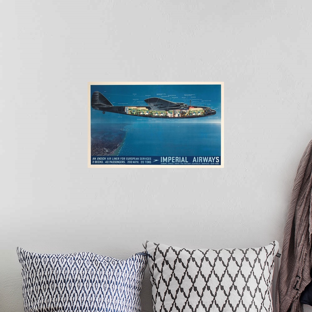 A bohemian room featuring Imperial Airways Ensign Air Liner, 200 MPH flying over coastline at dusk.