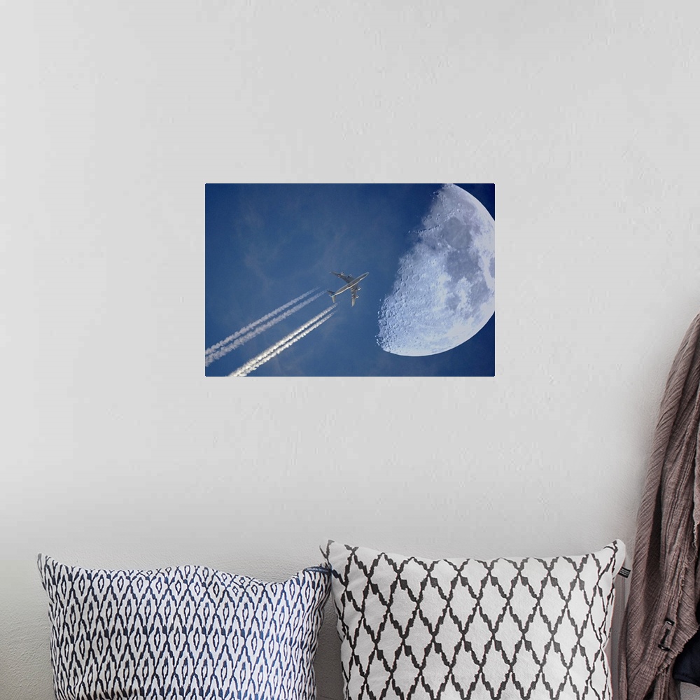 A bohemian room featuring Jet in evening sky and moon, Germany.