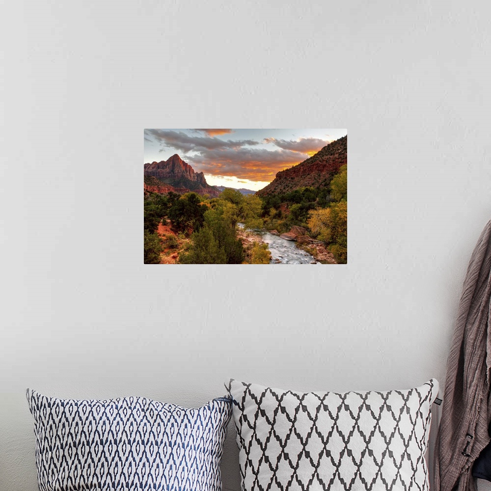 A bohemian room featuring Virgin River - Watchman Mountain in Zion National Park, Utah.