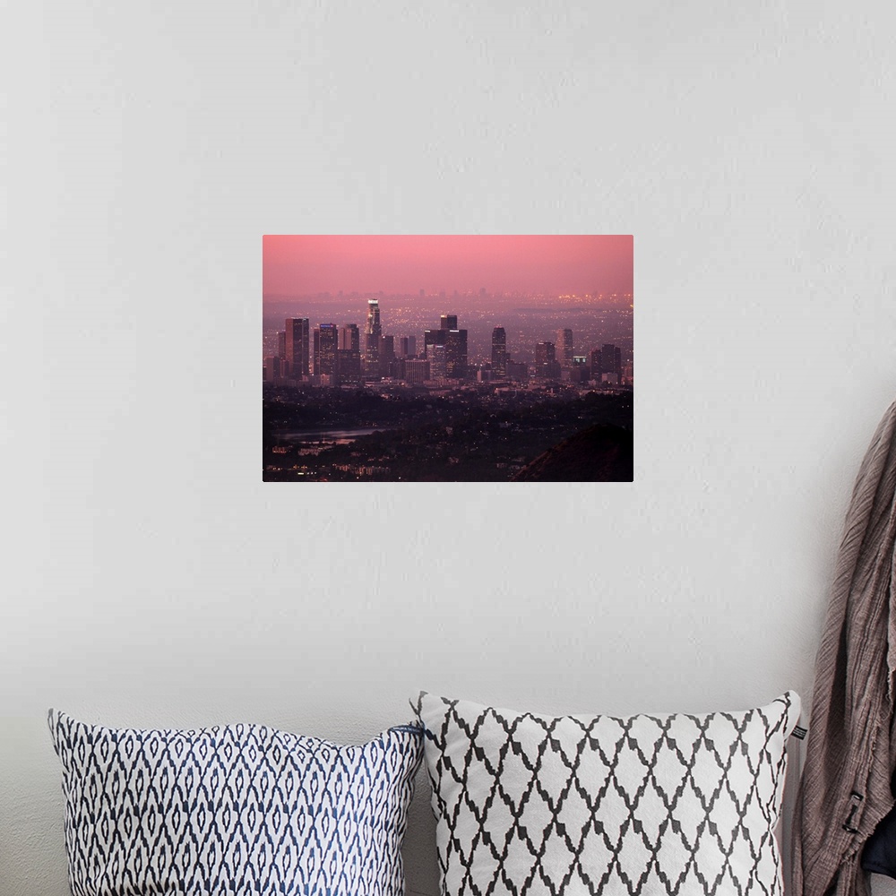 A bohemian room featuring Colorful predawn light falls on downtown Los Angeles. Silver Lake  visible in foreground.
