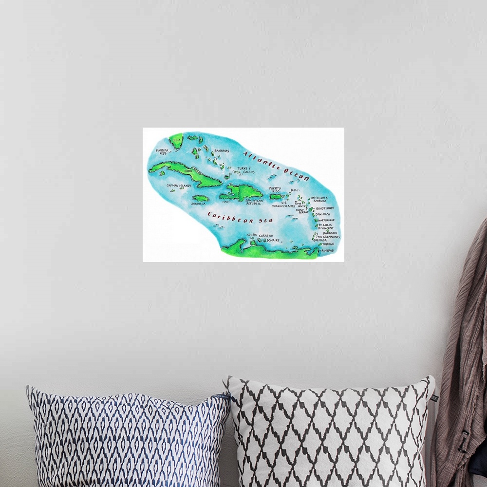 A bohemian room featuring Map of Caribbean Islands
