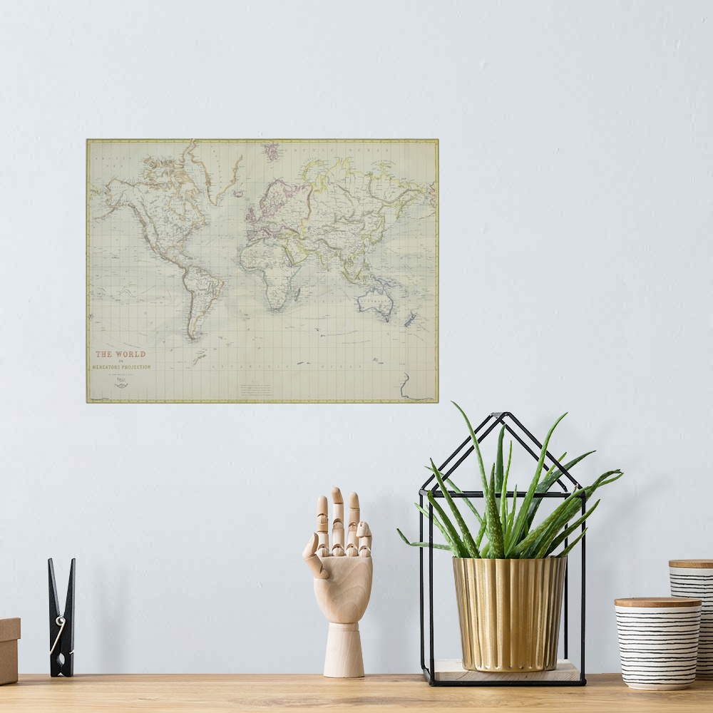 A bohemian room featuring Big horizontal wall hanging of a detailed map of the world on a light, neutral background.