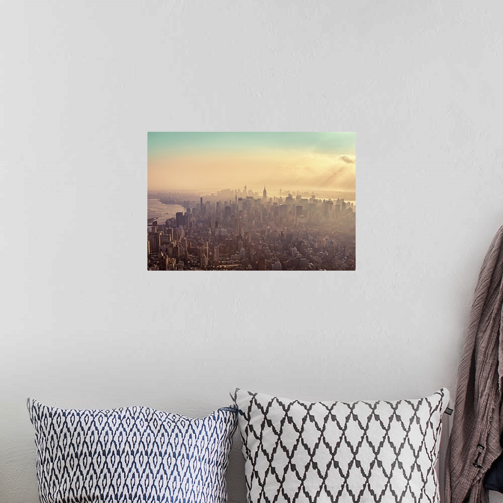 A bohemian room featuring Midtown Manhattan at dusk with Jersey City and Brooklyn in background.