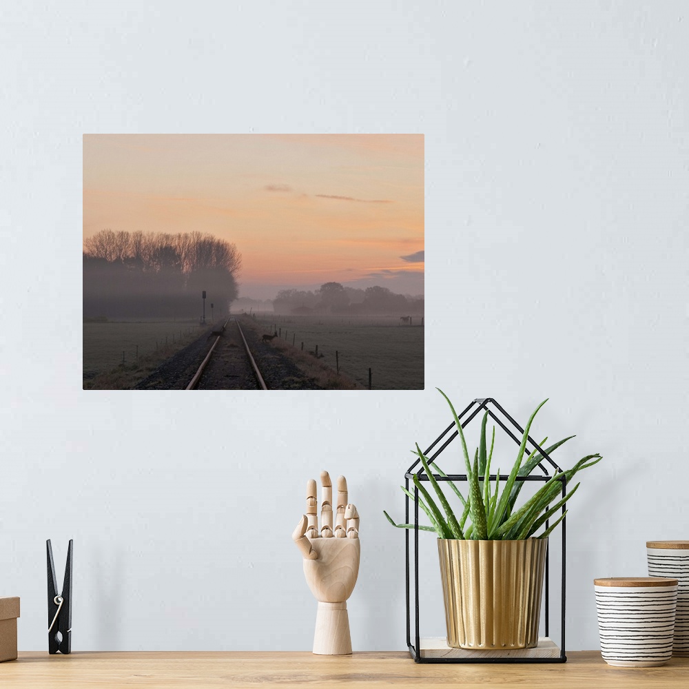A bohemian room featuring Misty morning sunrise by single railway track with three deer crossing track and farm in distance.